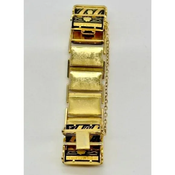 Vintage Damascene Links Bracelet Gold-Tone Metal with Etched Black Floral Motif~ - Picture 8 of 8